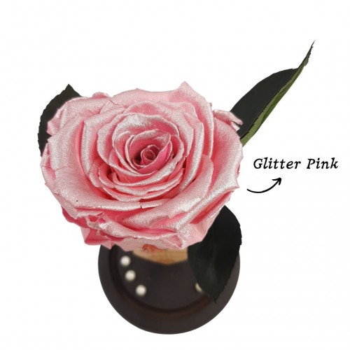 Παντοτινό Τριαντάφυλλο Glitter Ροζ σε γυάλινη καμπάνα, με φωτισμό Leds Λευκό Θερμό και την δική σας Αφιέρωση,18,5cm x 8.5cm