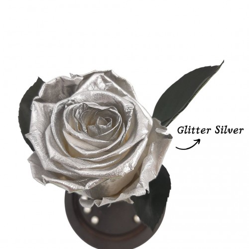 Παντοτινό Τριαντάφυλλο Glitter Ασημί σε γυάλινη καμπάνα, με φωτισμό Leds Λευκό Θερμό και την δική σας Αφιέρωση,18,5cm x 8.5cm