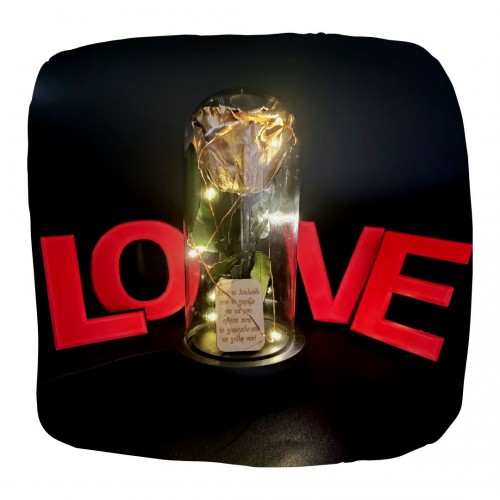 Παντοτινό Τριαντάφυλλο Glitter Χρυσό σε γυάλινη καμπάνα, με φωτισμό Leds Λευκό Θερμό και την δική σας Αφιέρωση,18,5cm x 8.5cm