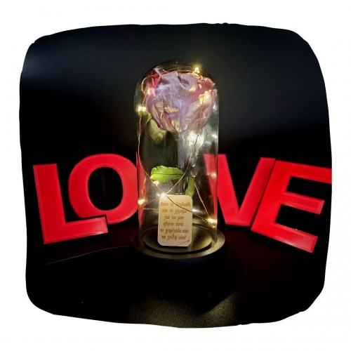 Παντοτινό Τριαντάφυλλο Glitter Ροζ σε γυάλινη καμπάνα, με φωτισμό Leds Λευκό Θερμό και την δική σας Αφιέρωση,18,5cm x 8.5cm