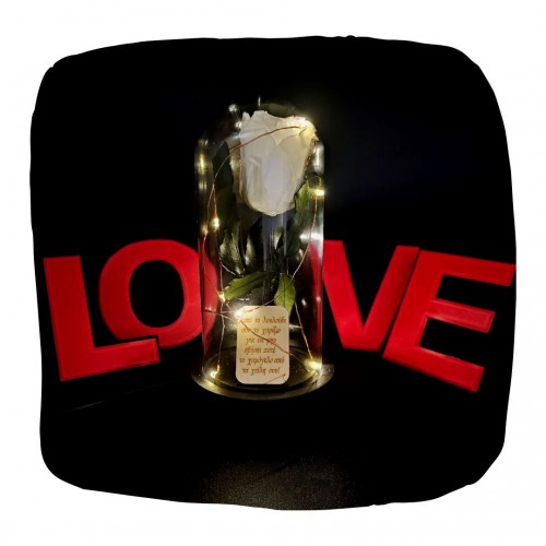 Παντοτινό Τριαντάφυλλο Λευκό σε γυάλινη καμπάνα, με φωτισμό Leds Λευκό Θερμό και την δική σας Αφιέρωση,18,5cm x 8.5cm