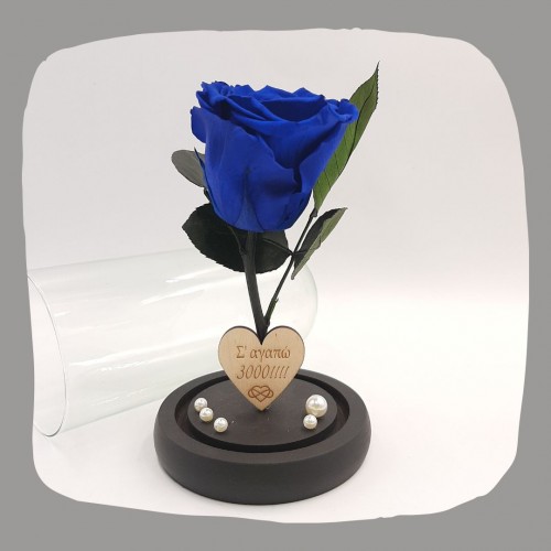 Παντοτινό Τριαντάφυλλο Μπλε σε γυάλινη καμπάνα, με την δική σας Αφιέρωση,18cm x 8.5cm