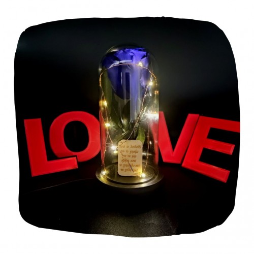 Παντοτινό Τριαντάφυλλο Μπλε σε γυάλινη καμπάνα, με φωτισμό Leds Λευκό Θερμό και την δική σας Αφιέρωση,18,5cm x 8.5cm