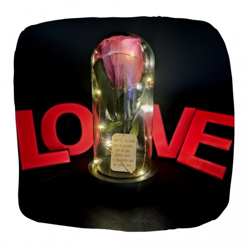 Παντοτινό Τριαντάφυλλο Σάπιο Μήλο σε γυάλινη καμπάνα, με φωτισμό Leds Λευκό Θερμό και την δική σας Αφιέρωση,18,5cm x 8.5cm