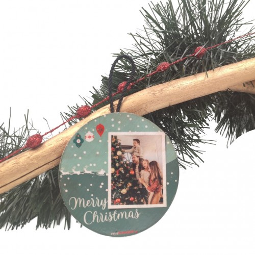Polaroid, Merry Christmas με Φωτογραφία, Χριστουγεννιάτικο Ξύλινο στολίδι, Πράσινο 9εκ.