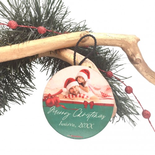 Red Bow, Merry Christmas με Φωτογραφία, Όνομα και Έτος, Χριστουγεννιάτικο Ξύλινο στολίδι, Πράσινο, 9εκ.
